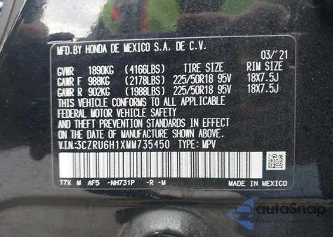 2021 Honda Hr-V Awd Sport z USA, uszkodzony, nr VIN 3CZRU6H1XMM735450